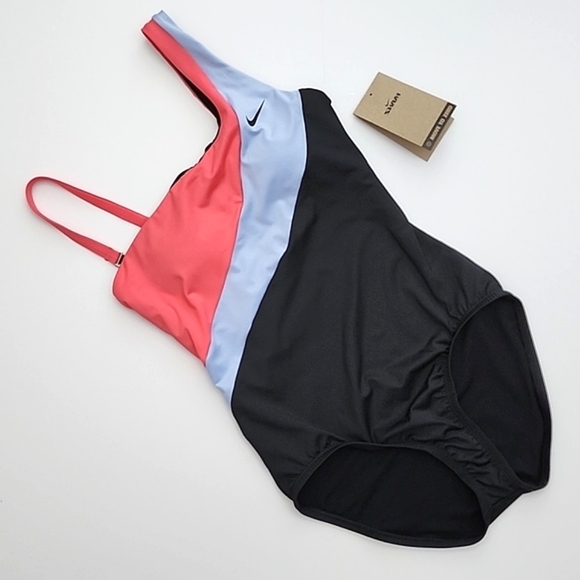NIKE Women's Asymmetrical Swimsuit Colorblock Coral Pink Lavender Black Sz Small - Picture 5 of 16
